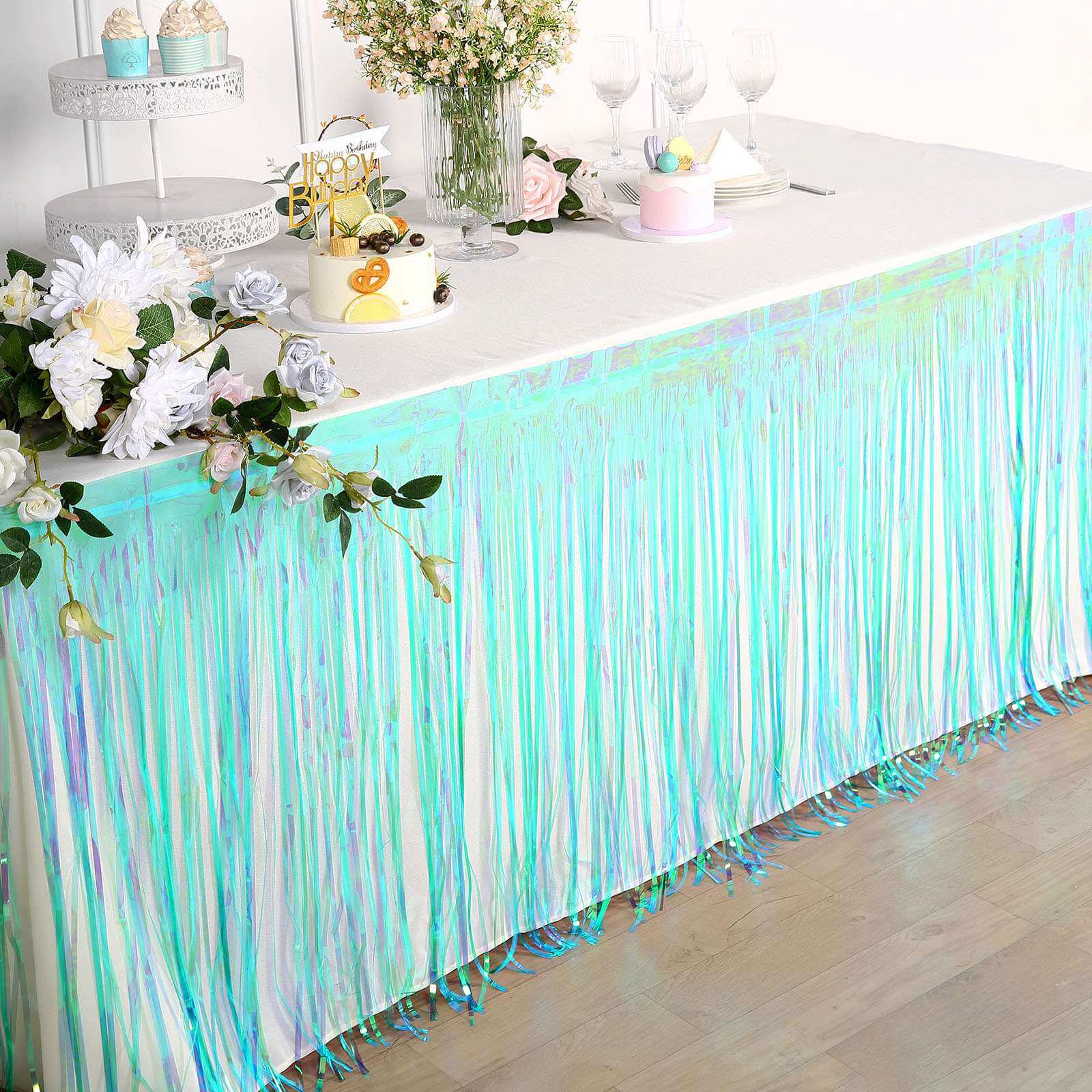 Metallic Foil Fringe Table Skirt Iridescent Blue with Self Adhesive Backing - Durable Tinsel Skirt for Parties 30"x9ft