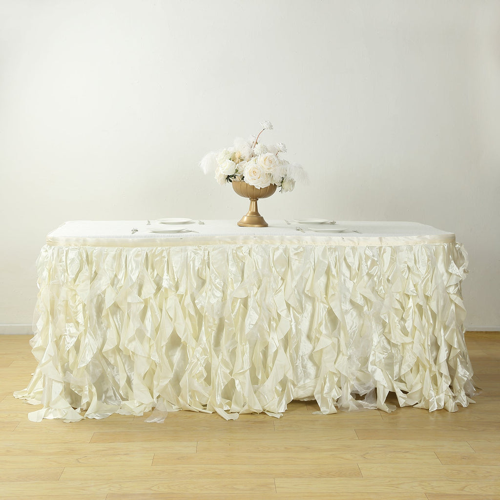 Taffeta 17ft Table Skirt Ivory - Cascading Curly Willow Style Table Cover