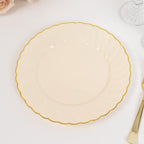 10-Pack Plastic 10" Round Dinner Plates in Ivory with Gold Flair Rim - Disposable Party Plates