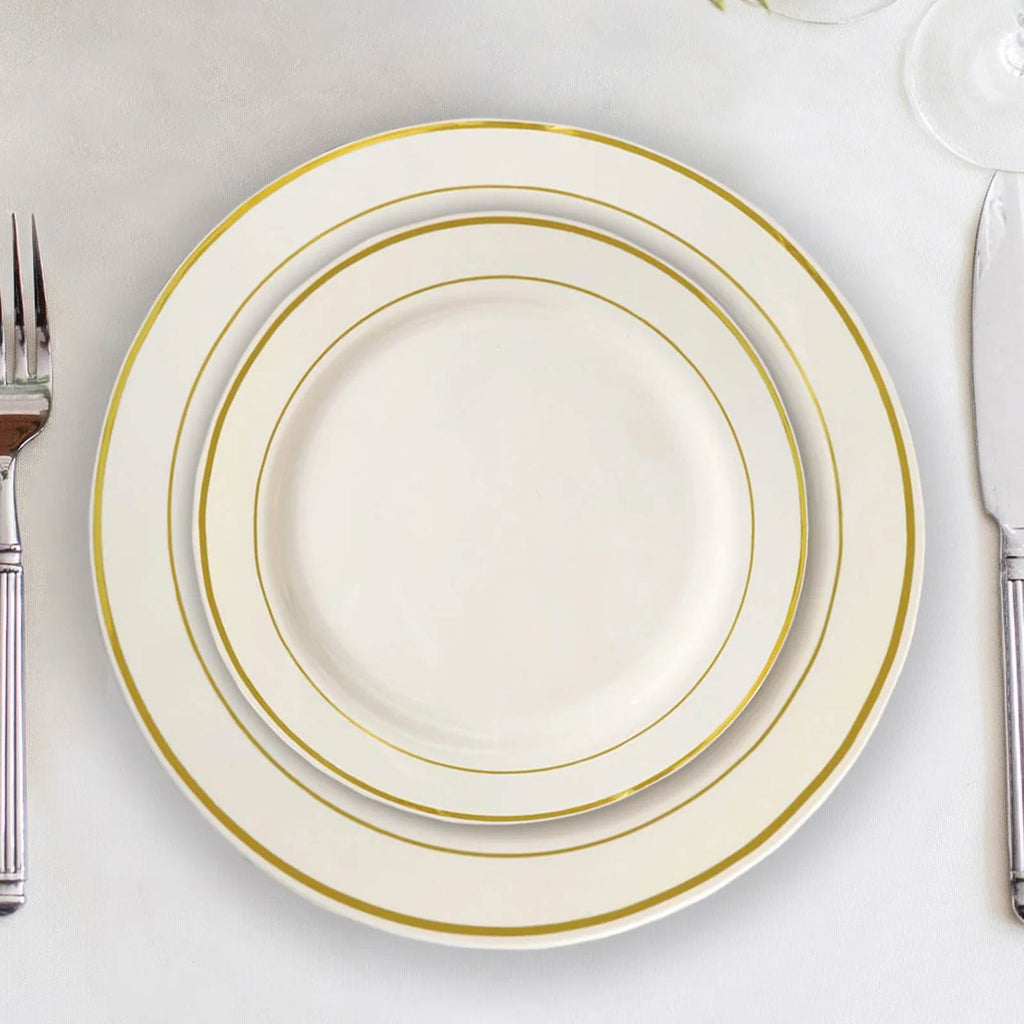 10-Pack Plastic Dessert Plates Ivory with TrÃ¨s Chic Gold Rim - Disposable Appetizer Plates for Parties 6"