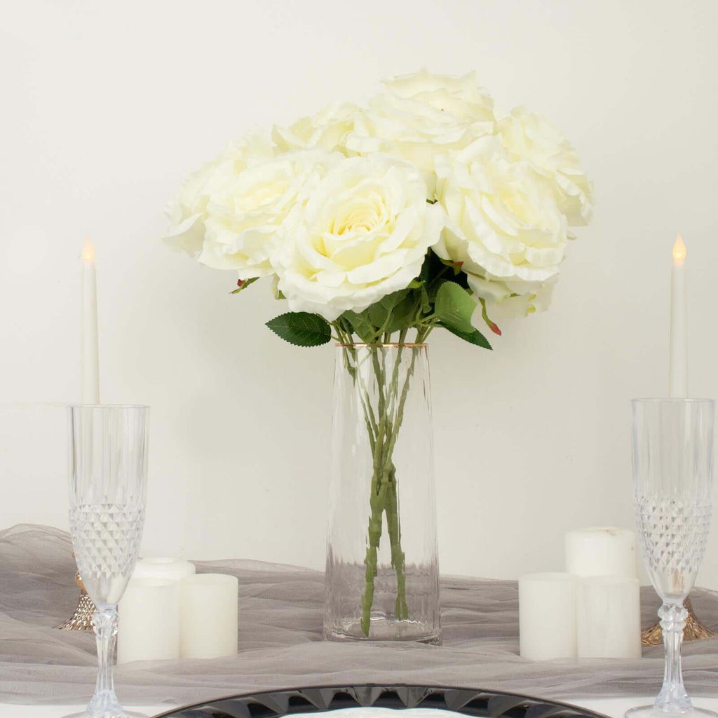 2 Bushes 17" Ivory Premium Silk Jumbo Rose Flower Bouquet, High Quality Artificial Wedding Floral Arrangements