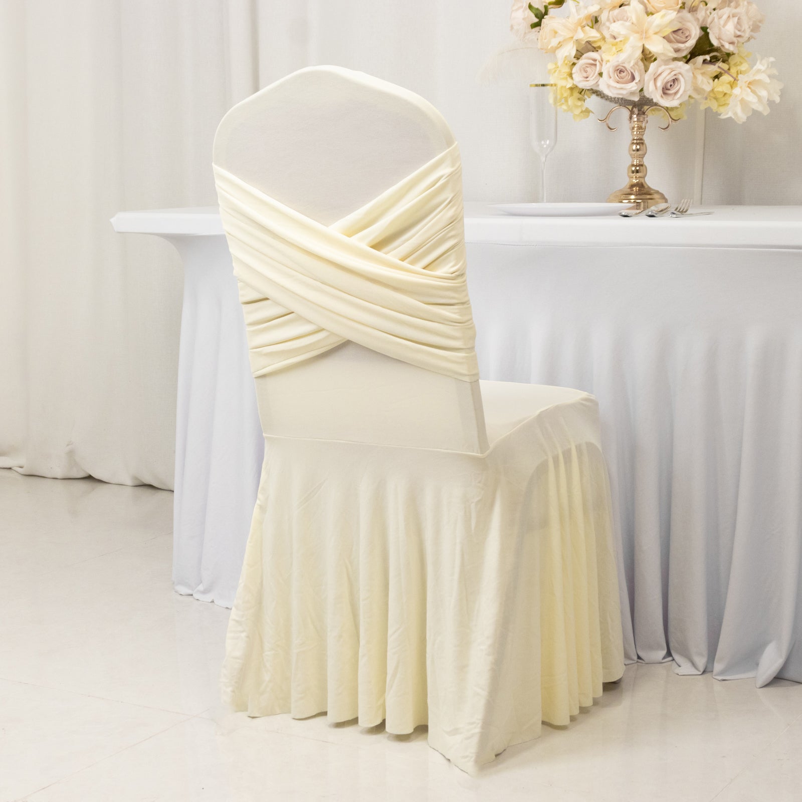 Ivory Spandex Banquet Chair Cover with Ruffle Skirt & Cross Back Sash â€“ Stretch Slipcover for Events - Bell Racket Store