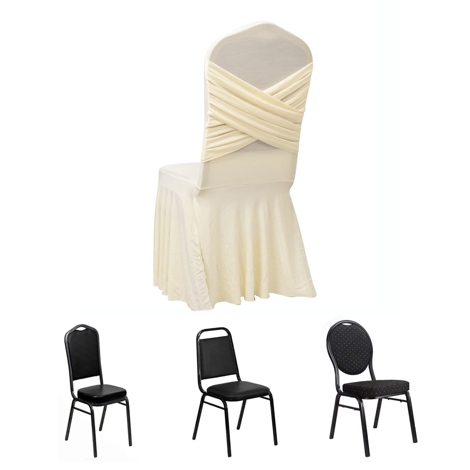 Ivory Spandex Banquet Chair Cover with Ruffle Skirt & Cross Back Sash â€“ Stretch Slipcover for Events - Bell Racket Store