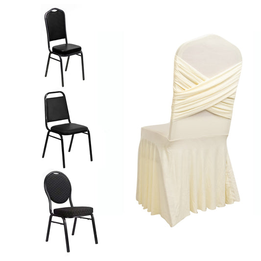 Ivory Spandex Banquet Chair Cover with Ruffle Skirt & Cross Back Sash â€“ Stretch Slipcover for Events - Bell Racket Store