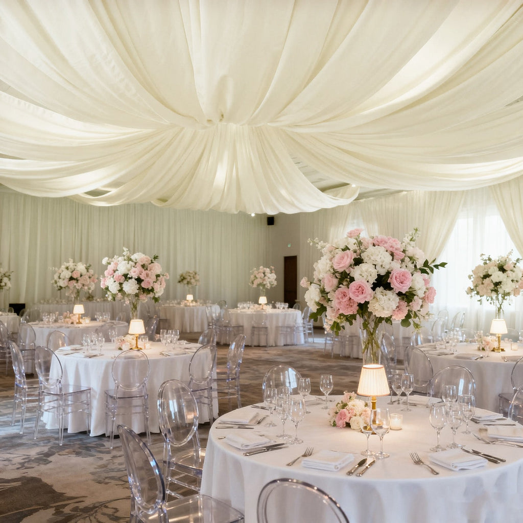 Ivory Spandex Ceiling Drape Panel, 5ft x 32ft â€” Wrinkle - Free 4 - Way Stretch Fabric, Extra - Long Curtain for Event Ceiling or Backdrop DÃ©cor - Bell Racket Store