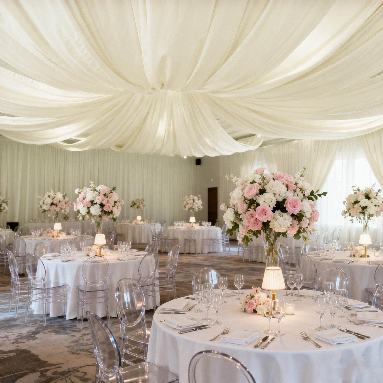 Ivory Spandex Ceiling Drape Panel, 5ft x 32ft â€” Wrinkle - Free 4 - Way Stretch Fabric, Extra - Long Curtain for Event Ceiling or Backdrop DÃ©cor - Bell Racket Store