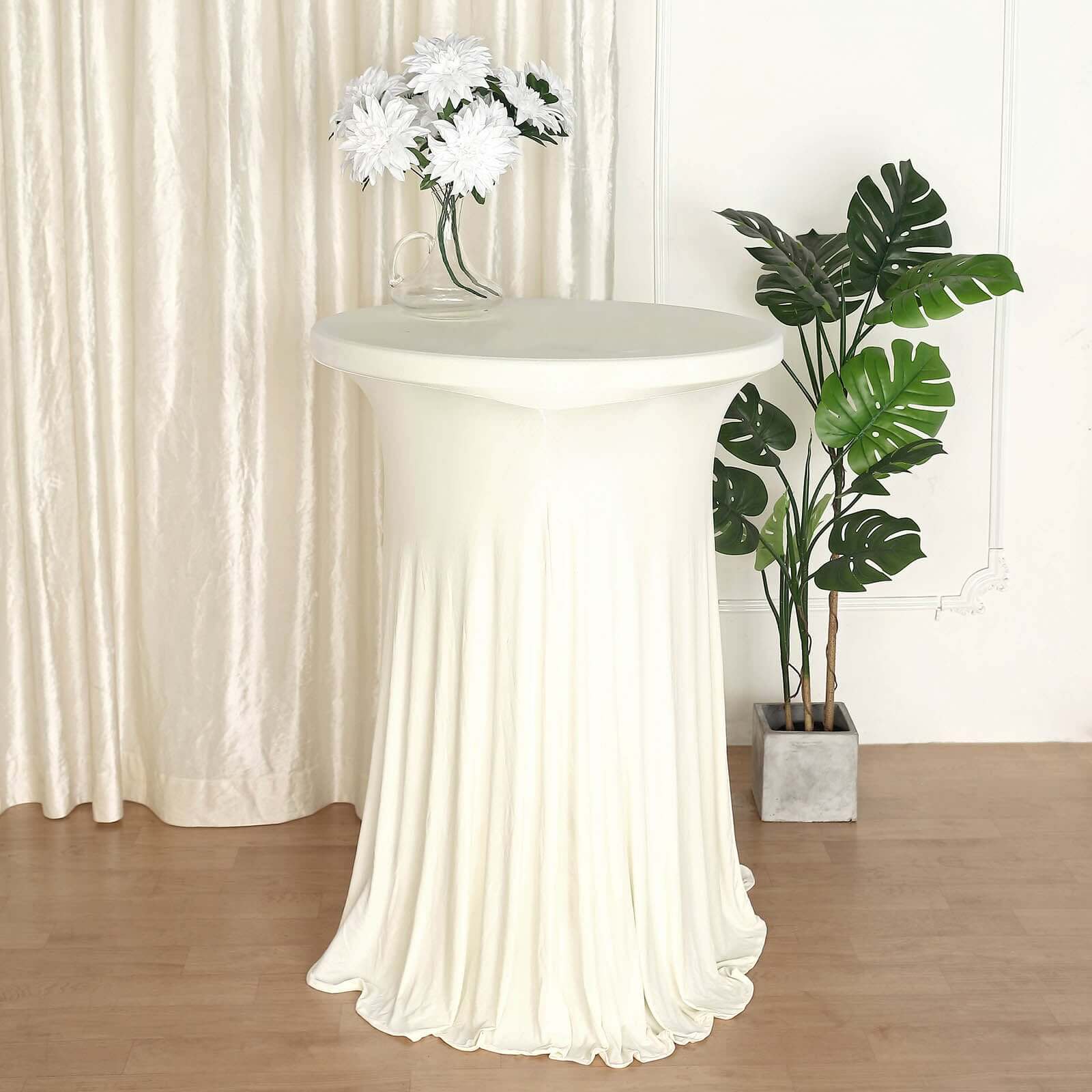 Spandex 30" Round Cocktail Table Cover Skirt Ivory With Natural Wavy Drapes