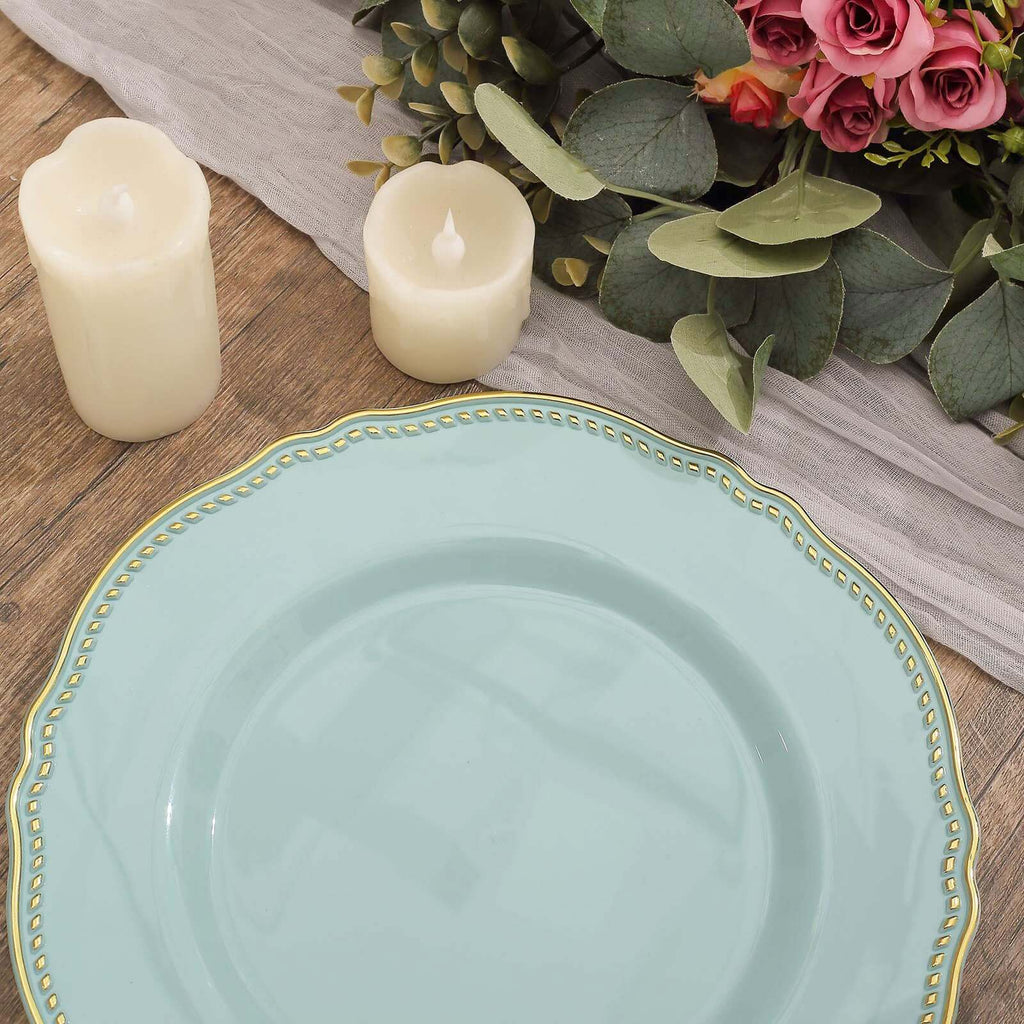 10-Pack Plastic 10" Dinner Plates in Jade with Gold Scalloped Rim - Disposable Large Party Plates