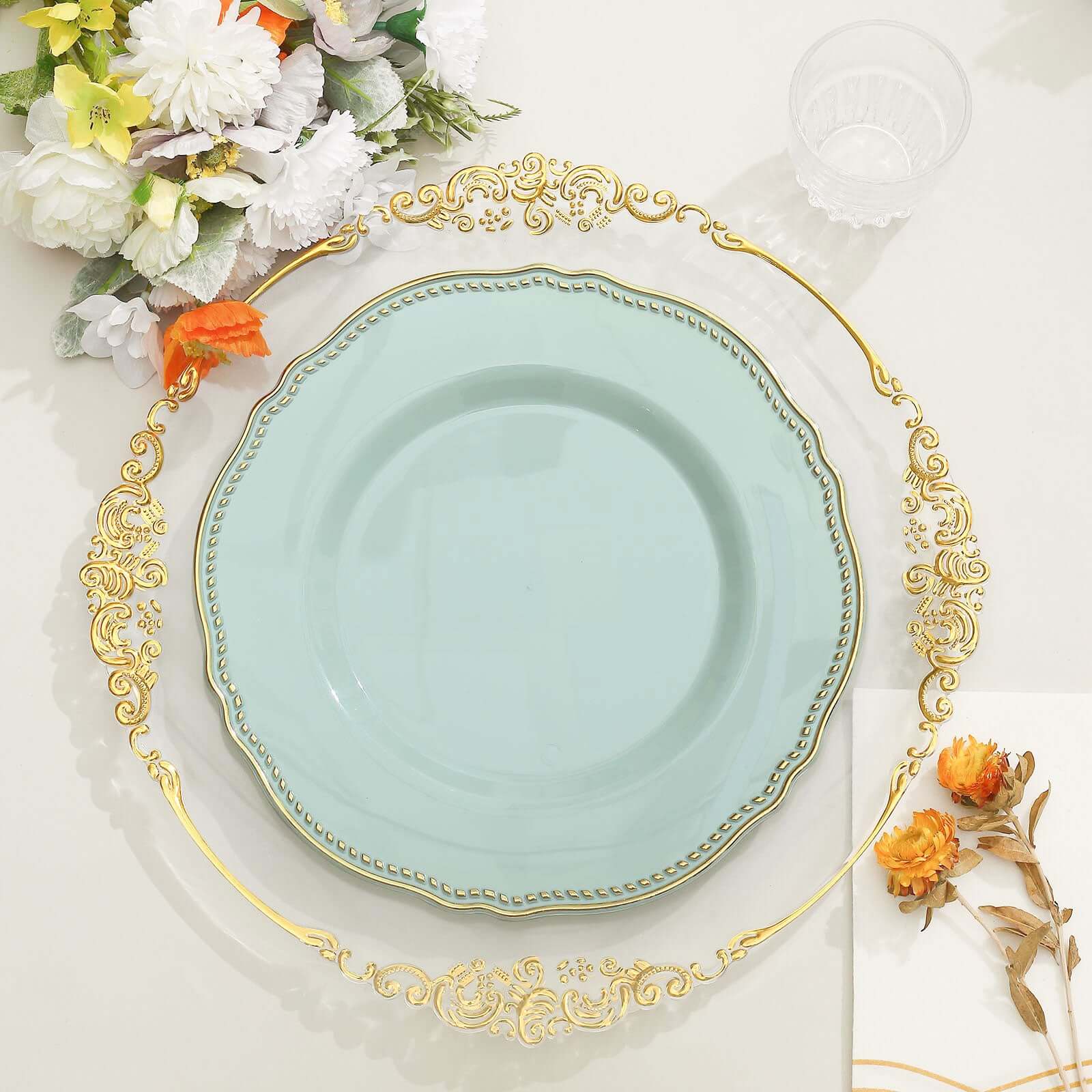 10-Pack Plastic 10" Dinner Plates in Jade with Gold Scalloped Rim - Disposable Large Party Plates