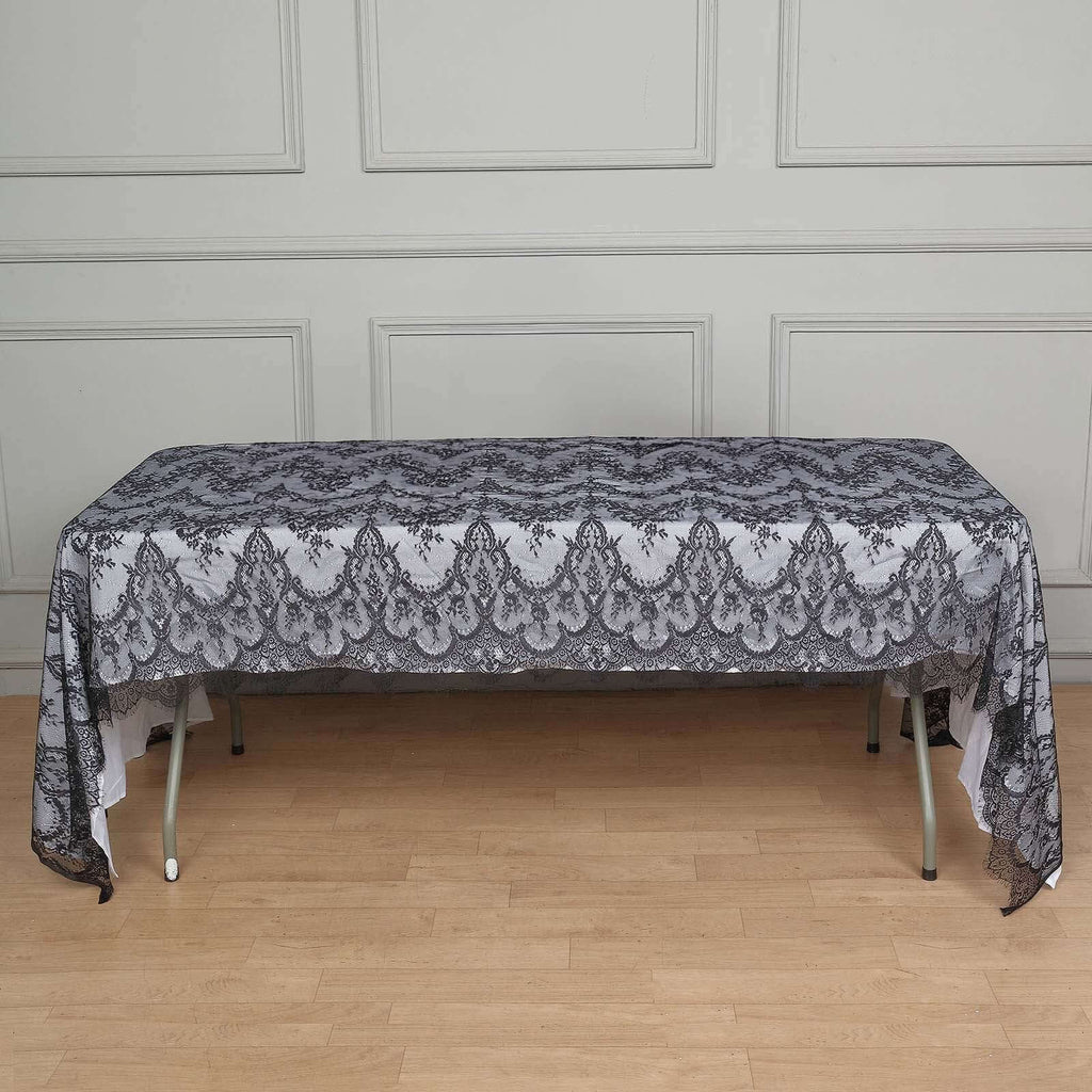 Lace 60"x120" Rectangle Tablecloth Black - Vintage Lace Design with Scalloped Frill Edges - Bell Racket Store