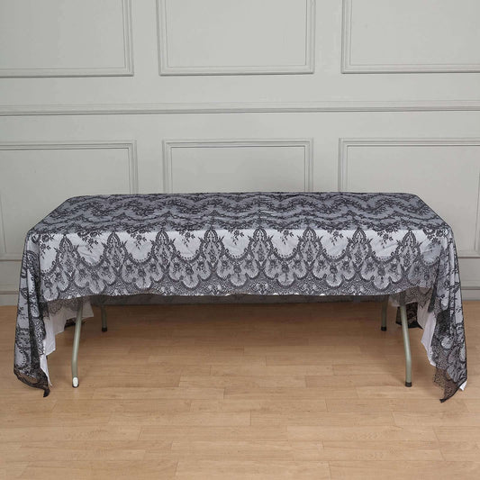 Lace 60"x120" Rectangle Tablecloth Black - Vintage Lace Design with Scalloped Frill Edges - Bell Racket Store