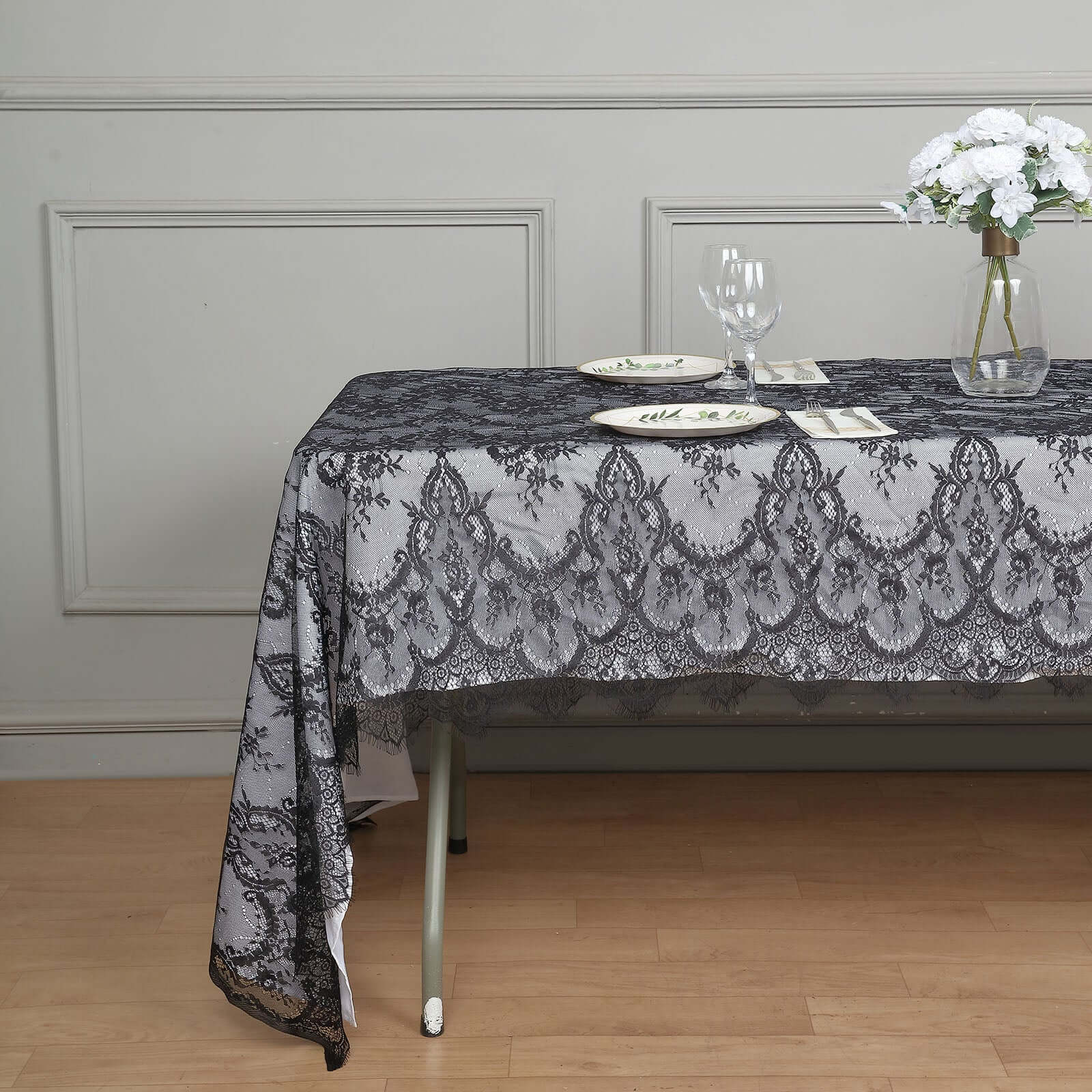 Lace 60"x120" Rectangle Tablecloth Black - Vintage Lace Design with Scalloped Frill Edges - Bell Racket Store