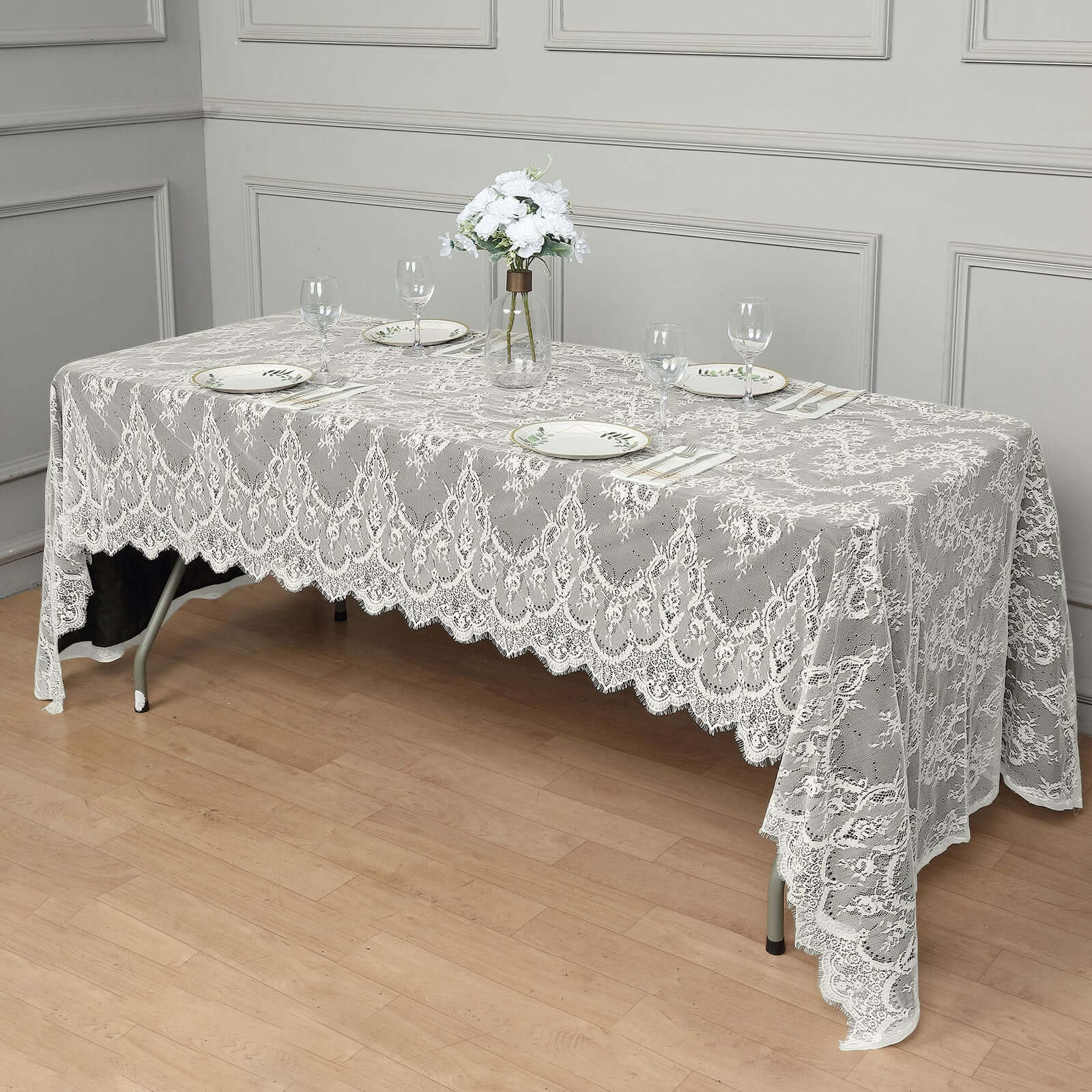 Lace 60"x120" Rectangle Tablecloth Ivory - Vintage Lace Design with Scalloped Frill Edges - Bell Racket Store