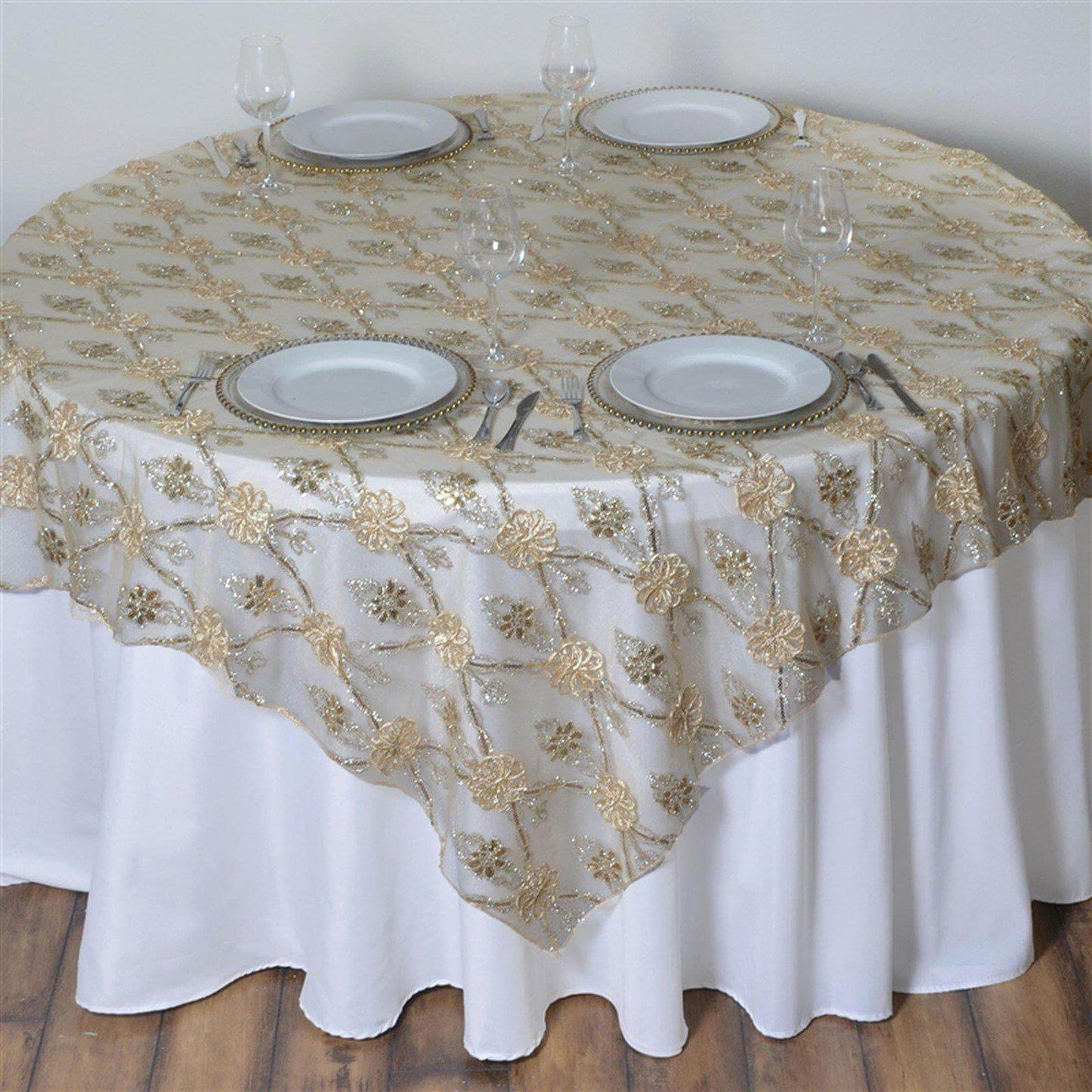 Lace 72"x72" Table Overlay Square Tablecloth Champagne - Satin Sequin Floral Embroidered Design for Special Events - NestOCart