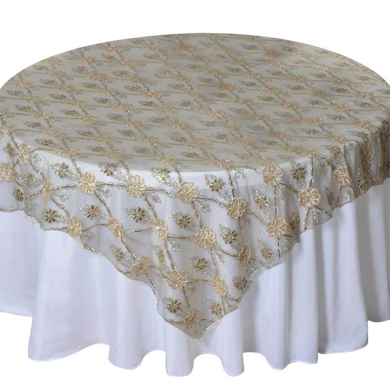 Lace 72"x72" Table Overlay Square Tablecloth Champagne - Satin Sequin Floral Embroidered Design for Special Events - NestOCart