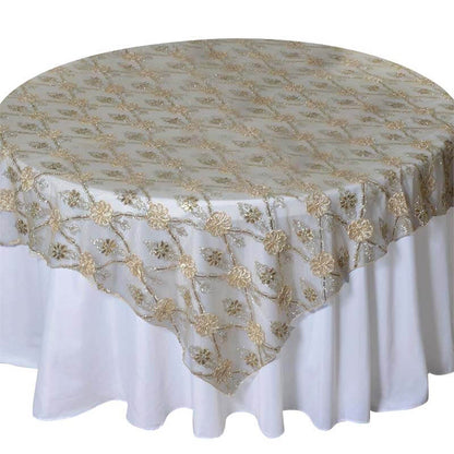 Lace 72"x72" Table Overlay Square Tablecloth Champagne - Satin Sequin Floral Embroidered Design for Special Events - NestOCart