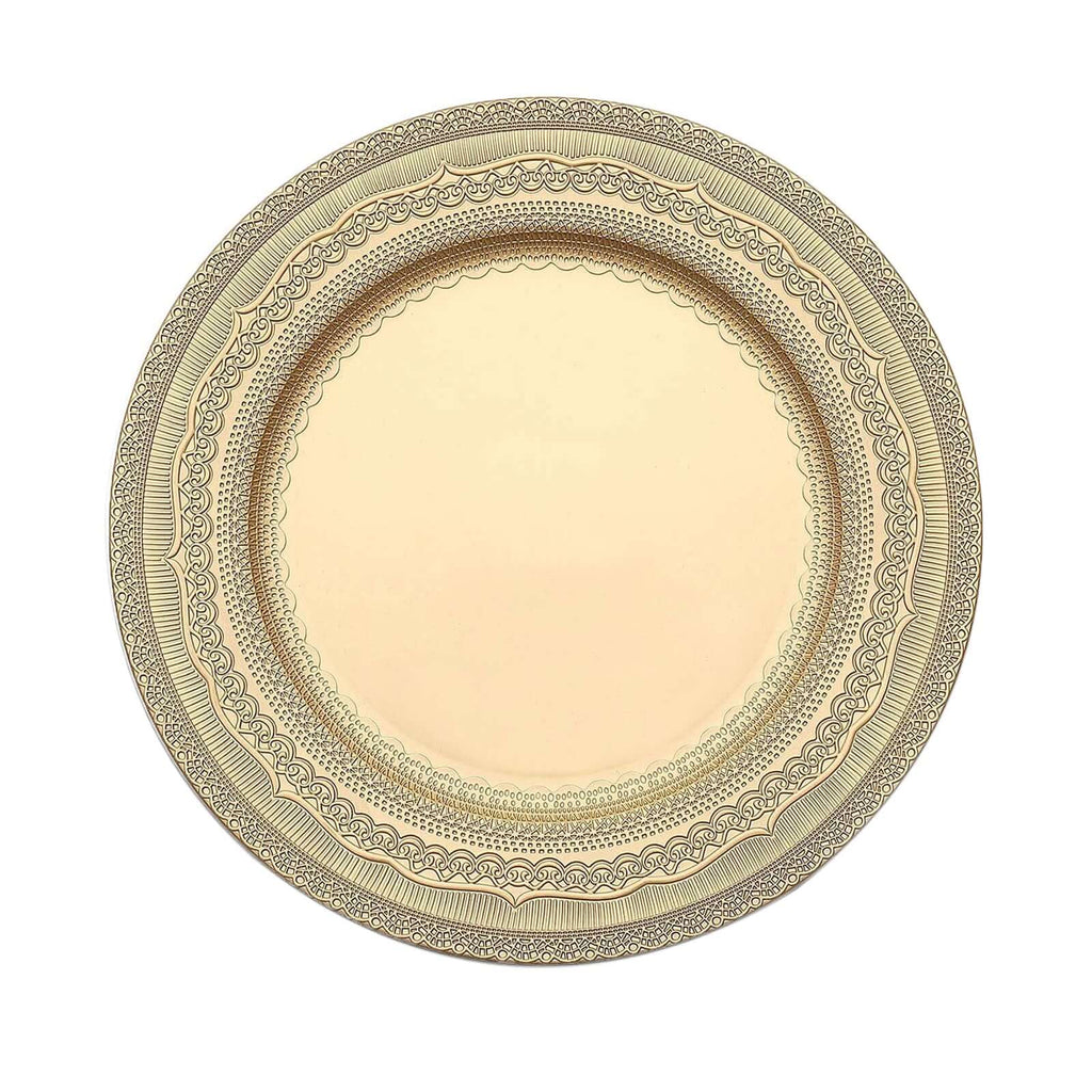 6-Pack Acrylic Round Charger Plates 13" in Gold with Lace Embossed Rim, Rustic Plastic Decorative Charger Tableware