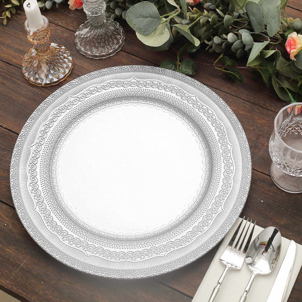 6-Pack Acrylic Round Charger Plates 13" in Silver with Lace Embossed Rim, Rustic Plastic Decorative Charger Tableware