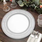 6-Pack Acrylic Round Charger Plates 13" in Silver with Lace Embossed Rim, Rustic Plastic Decorative Charger Tableware