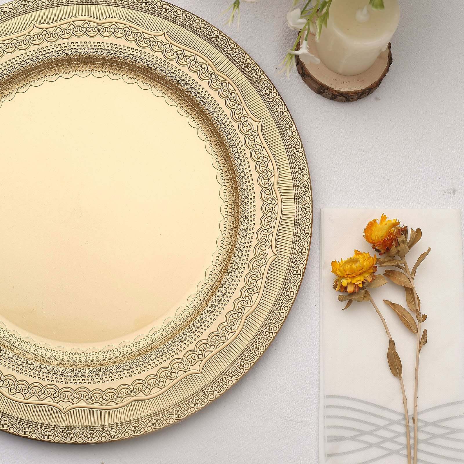 6-Pack Acrylic Round Charger Plates 13" in Gold with Lace Embossed Rim, Rustic Plastic Decorative Charger Tableware