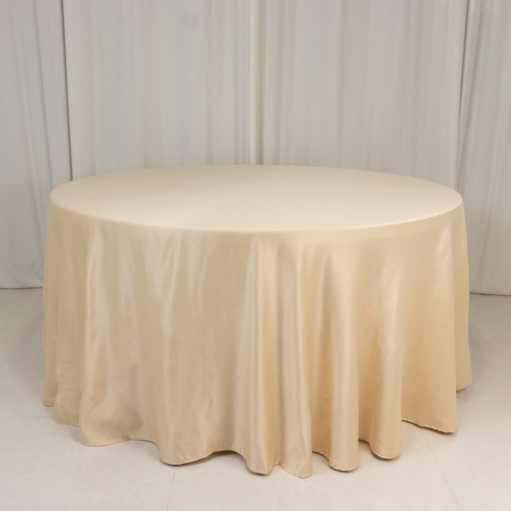 Lamour Satin 120" Round Tablecloth Beige - Seamless Table Cover with Soft Tempered Sheen - Bell Racket Store