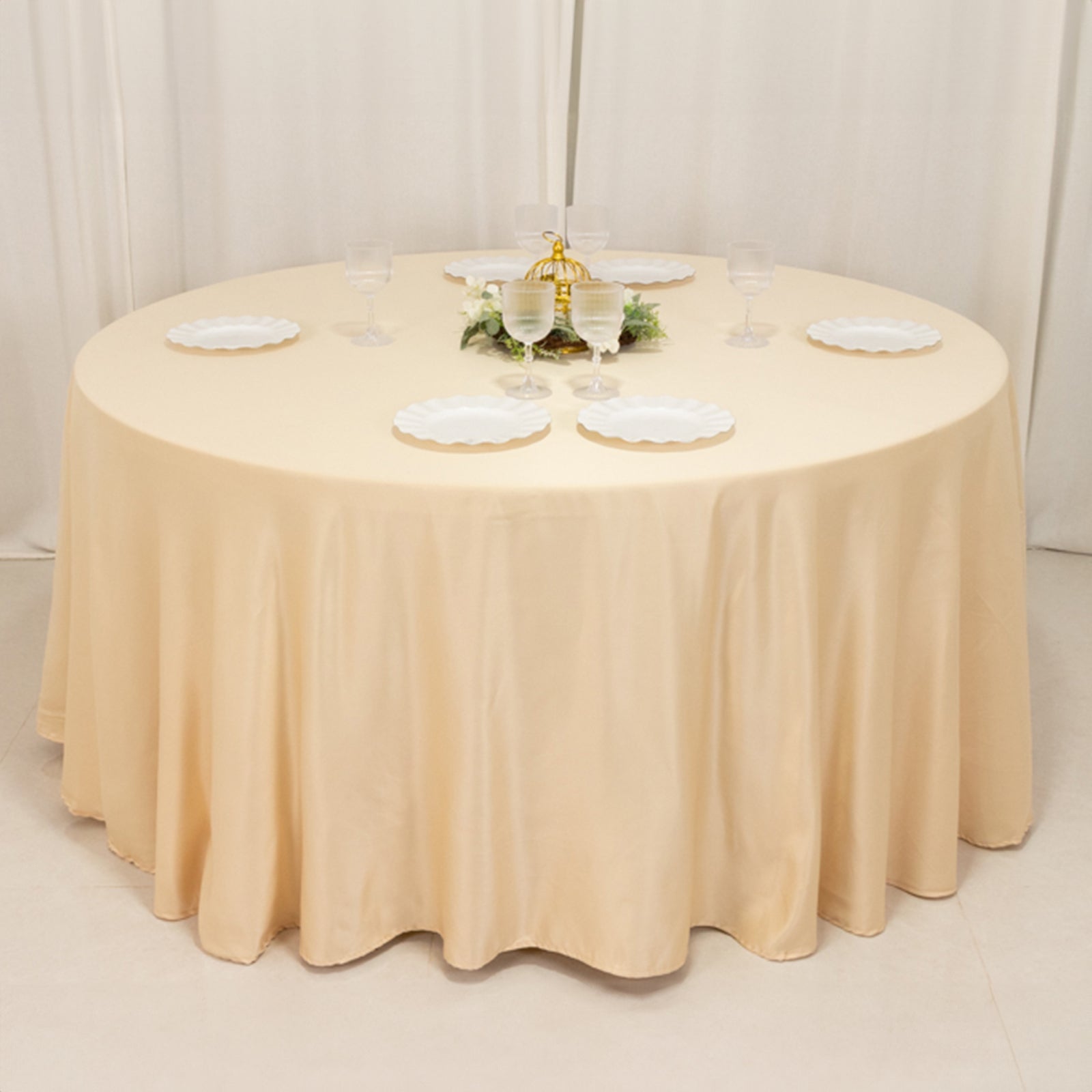 Lamour Satin 120" Round Tablecloth Beige - Seamless Table Cover with Soft Tempered Sheen - Bell Racket Store