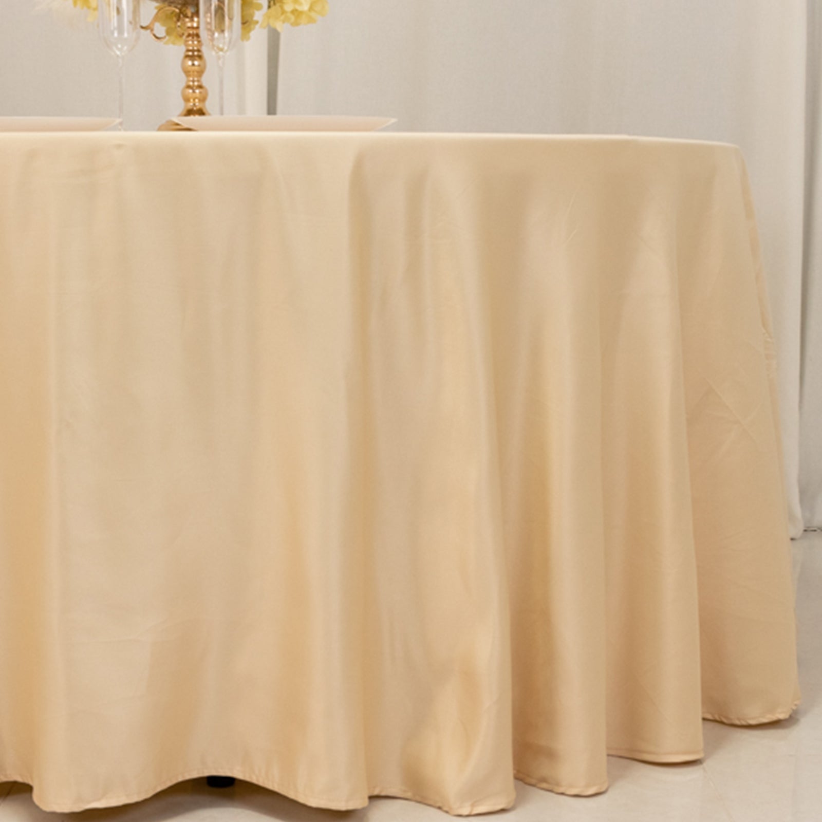 Lamour Satin 120" Round Tablecloth Beige - Seamless Table Cover with Soft Tempered Sheen - Bell Racket Store