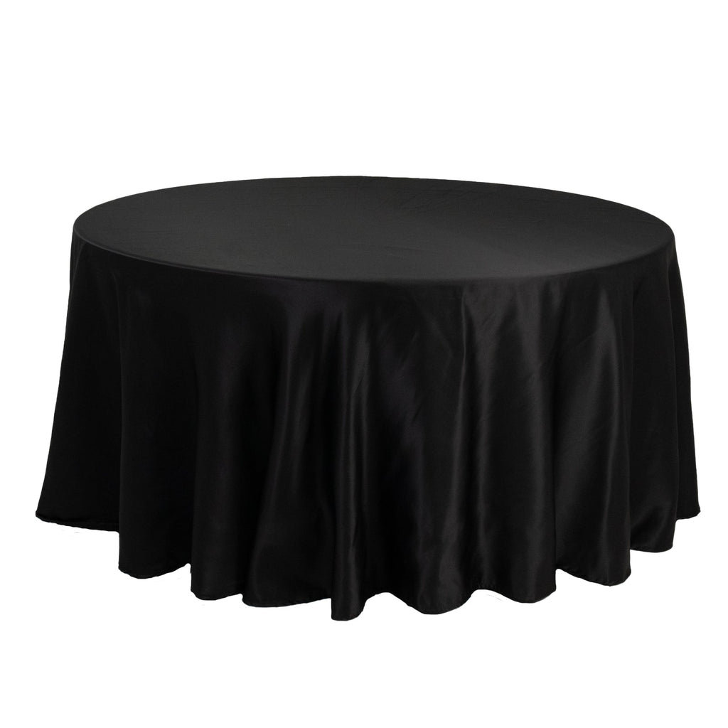 Lamour Satin 120" Round Tablecloth Black - Seamless Table Cover with Soft Tempered Sheen for Upscale Gatherings - Bell Racket Store