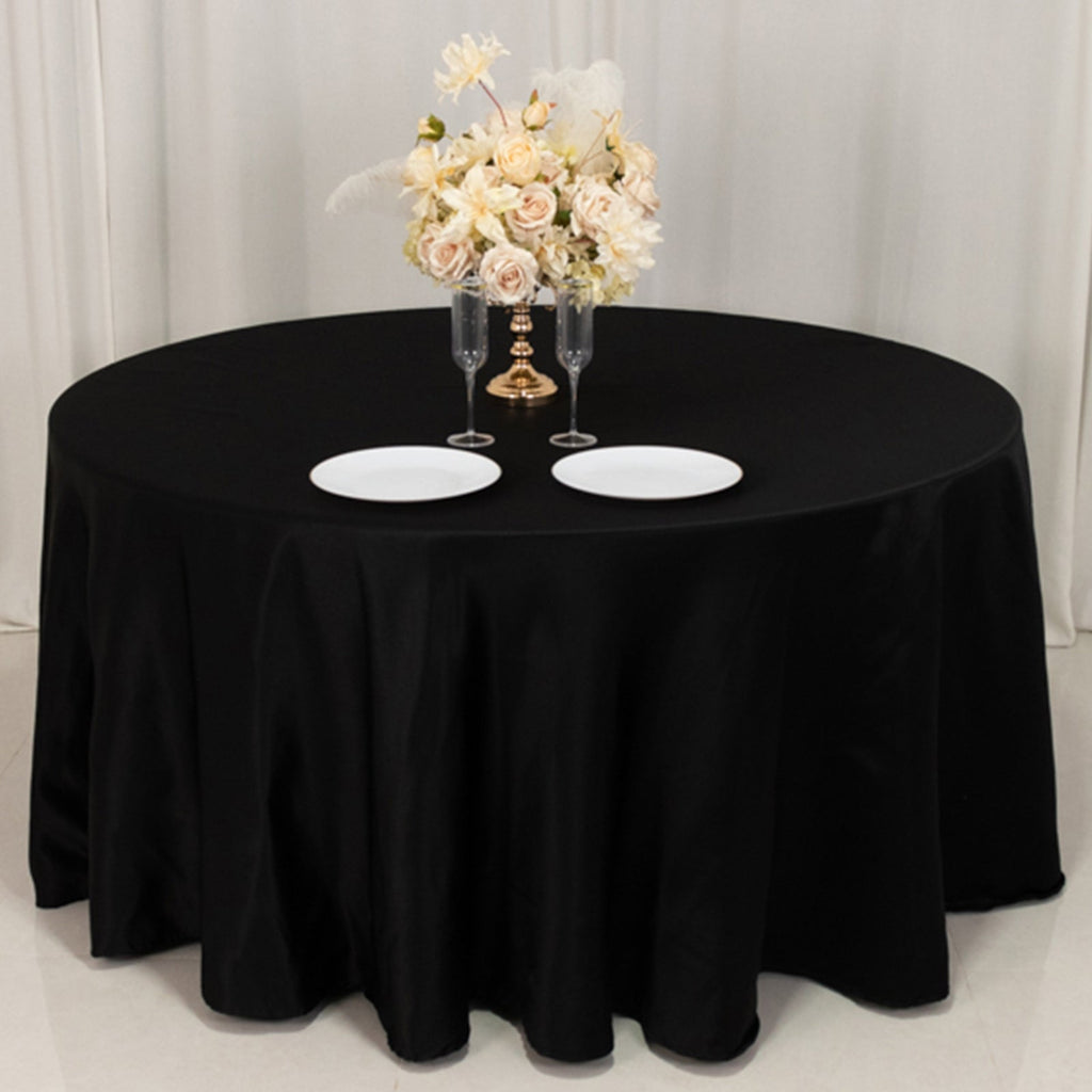 Lamour Satin 120" Round Tablecloth Black - Seamless Table Cover with Soft Tempered Sheen for Upscale Gatherings - Bell Racket Store