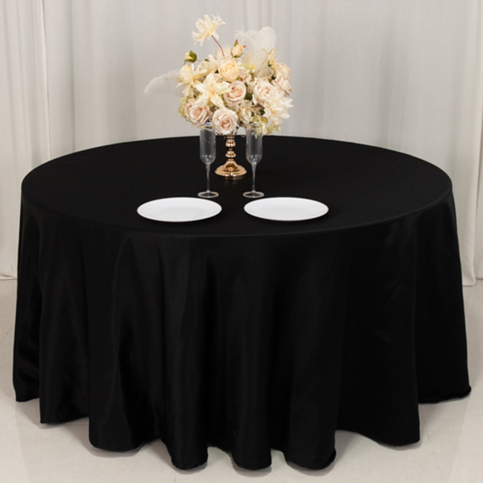 Lamour Satin 120" Round Tablecloth Black - Seamless Table Cover with Soft Tempered Sheen for Upscale Gatherings - Bell Racket Store