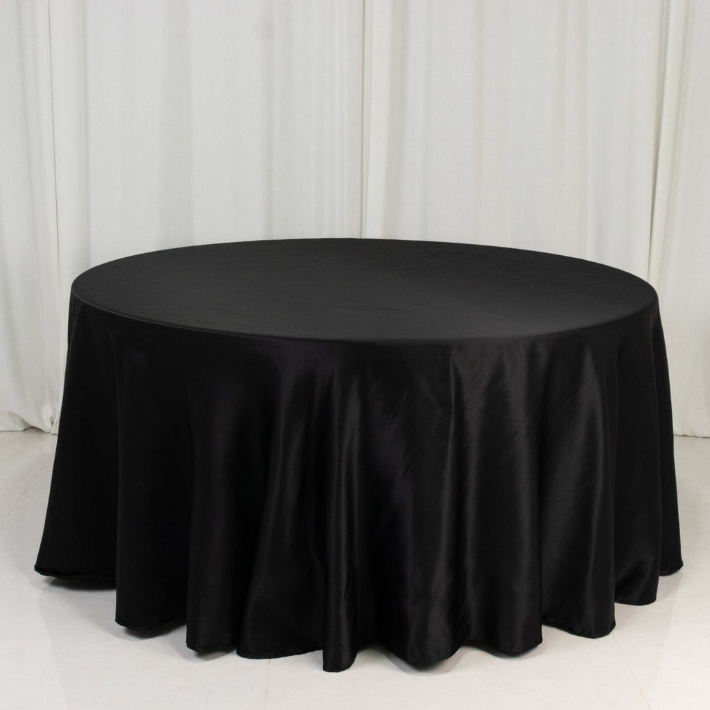 Lamour Satin 120" Round Tablecloth Black - Seamless Table Cover with Soft Tempered Sheen for Upscale Gatherings - Bell Racket Store