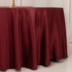 Lamour Satin 120" Round Tablecloth Burgundy - Seamless Table Cover with Soft Tempered Sheen - Bell Racket Store