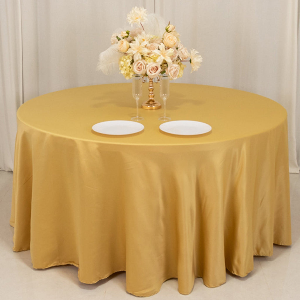 Lamour Satin 120" Round Tablecloth Champagne - Seamless Table Cover with Soft Tempered Sheen - Bell Racket Store