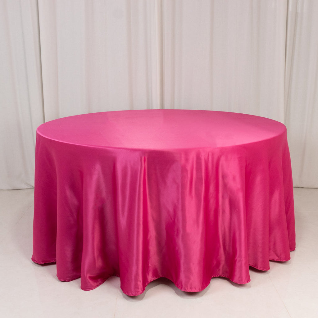 Lamour Satin 120" Round Tablecloth Fuchsia - Seamless Table Cover with Soft Tempered Sheen - Bell Racket Store