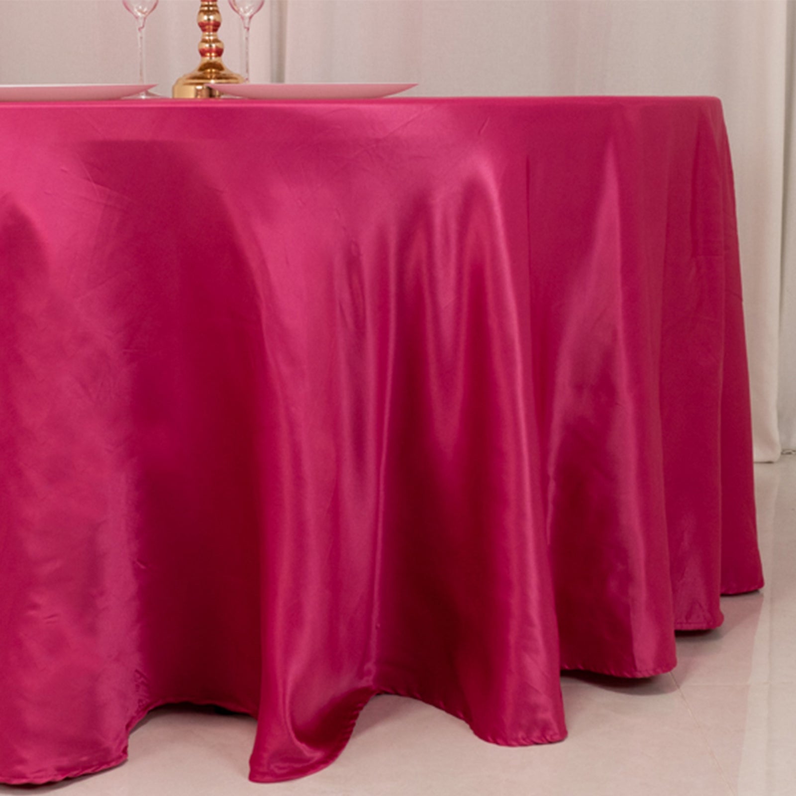 Lamour Satin 120" Round Tablecloth Fuchsia - Seamless Table Cover with Soft Tempered Sheen - Bell Racket Store