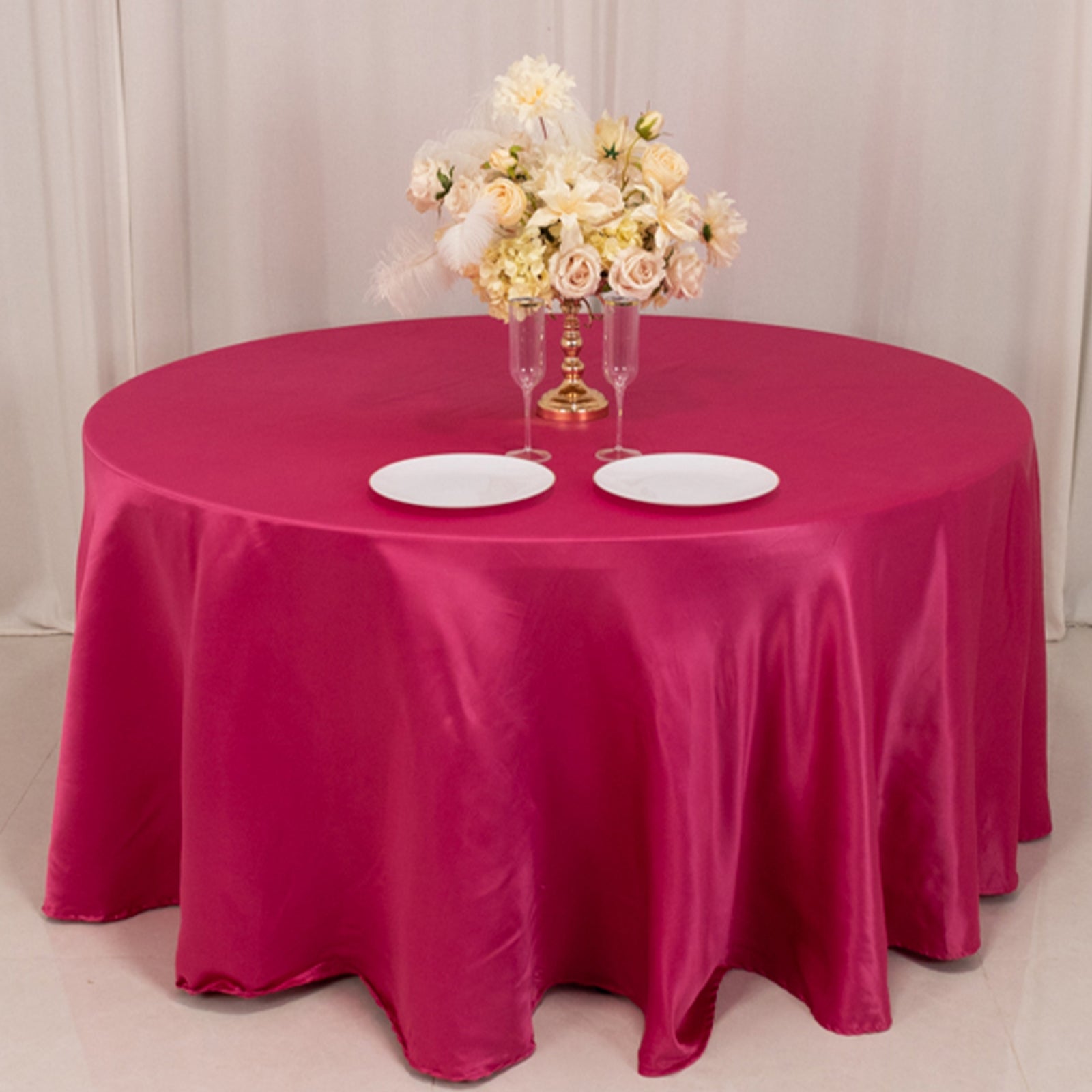 Lamour Satin 120" Round Tablecloth Fuchsia - Seamless Table Cover with Soft Tempered Sheen - Bell Racket Store