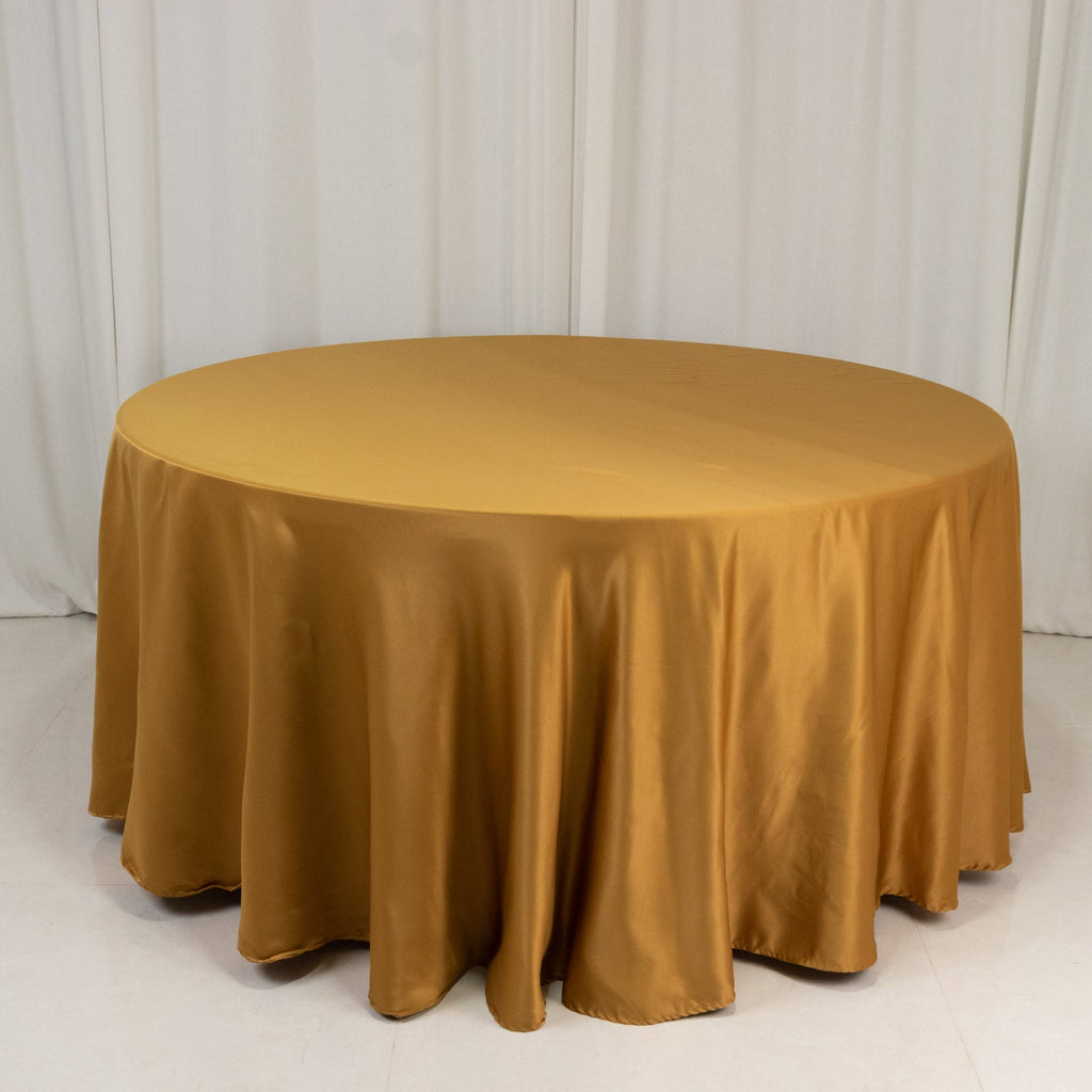 Lamour Satin 120" Round Tablecloth Gold - Seamless Table Cover with Soft Tempered Sheen for Upscale Gatherings - Bell Racket Store