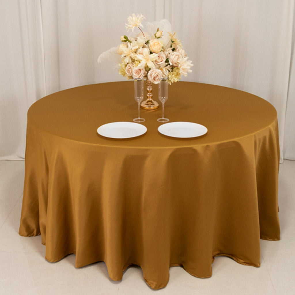 Lamour Satin 120" Round Tablecloth Gold - Seamless Table Cover with Soft Tempered Sheen for Upscale Gatherings - Bell Racket Store