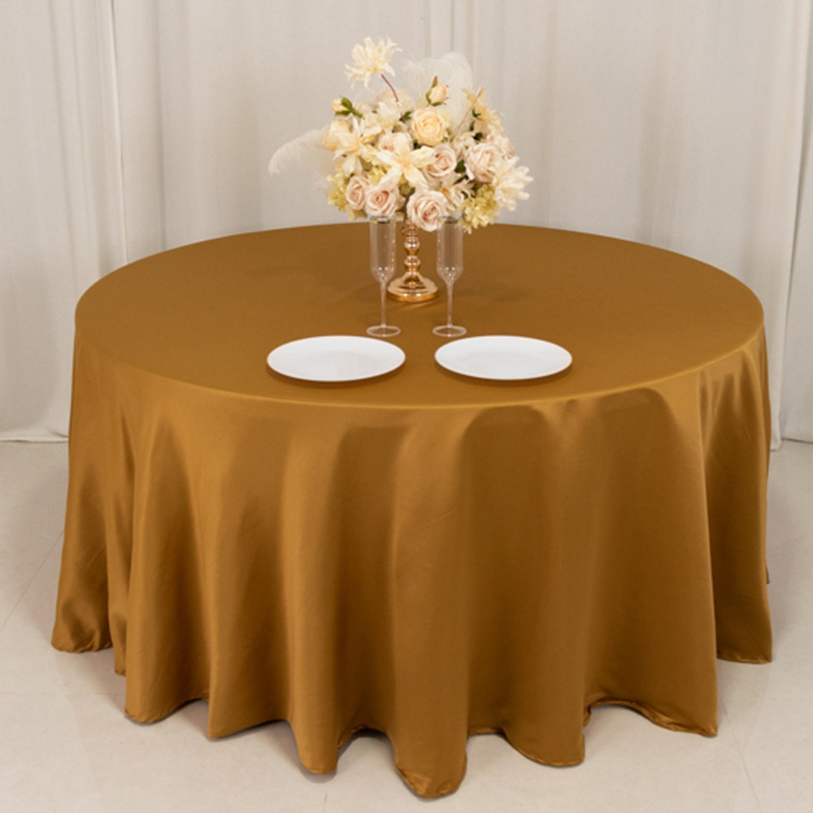 Lamour Satin 120" Round Tablecloth Gold - Seamless Table Cover with Soft Tempered Sheen for Upscale Gatherings - Bell Racket Store