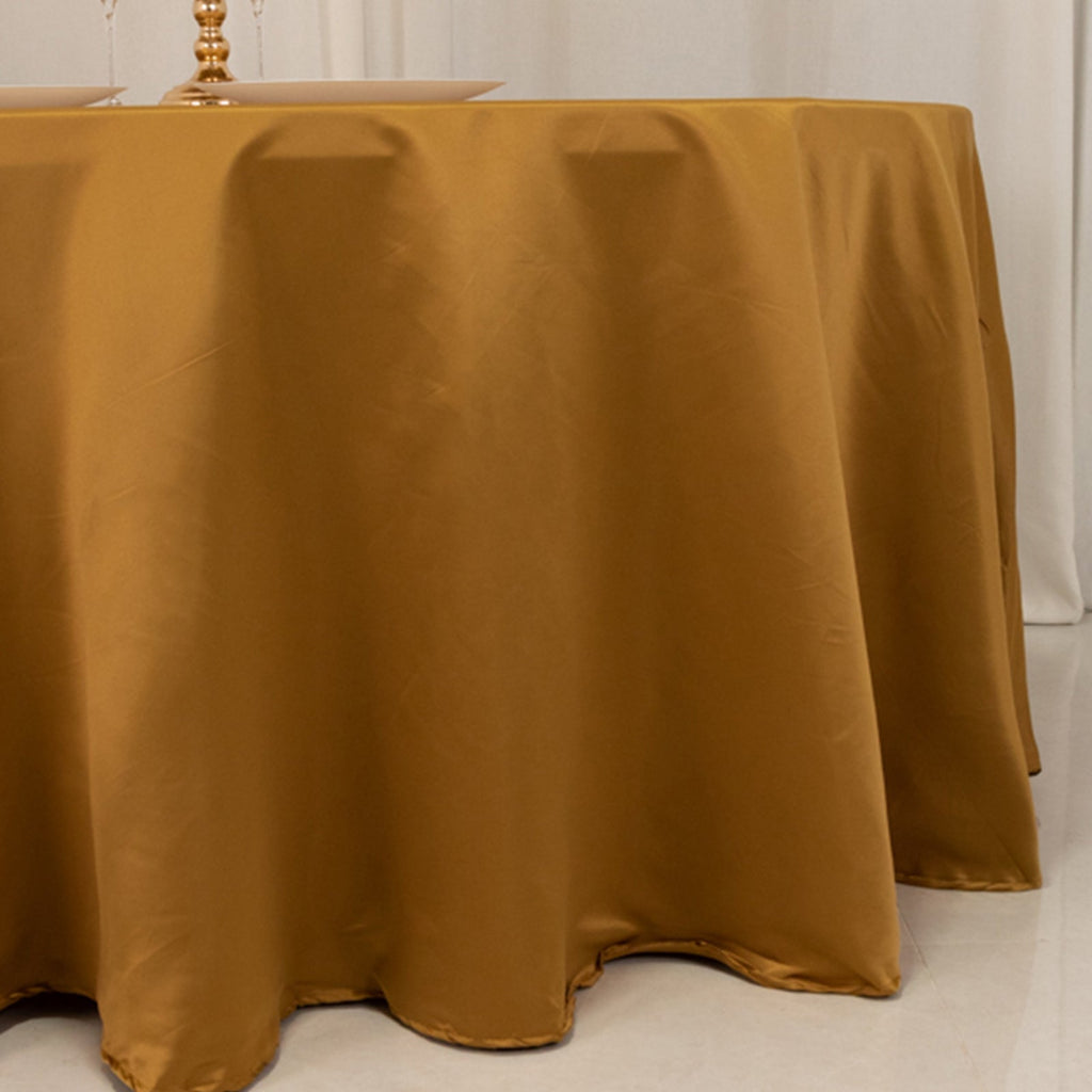 Lamour Satin 120" Round Tablecloth Gold - Seamless Table Cover with Soft Tempered Sheen for Upscale Gatherings - Bell Racket Store