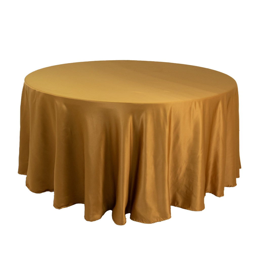 Lamour Satin 120" Round Tablecloth Gold - Seamless Table Cover with Soft Tempered Sheen for Upscale Gatherings - Bell Racket Store