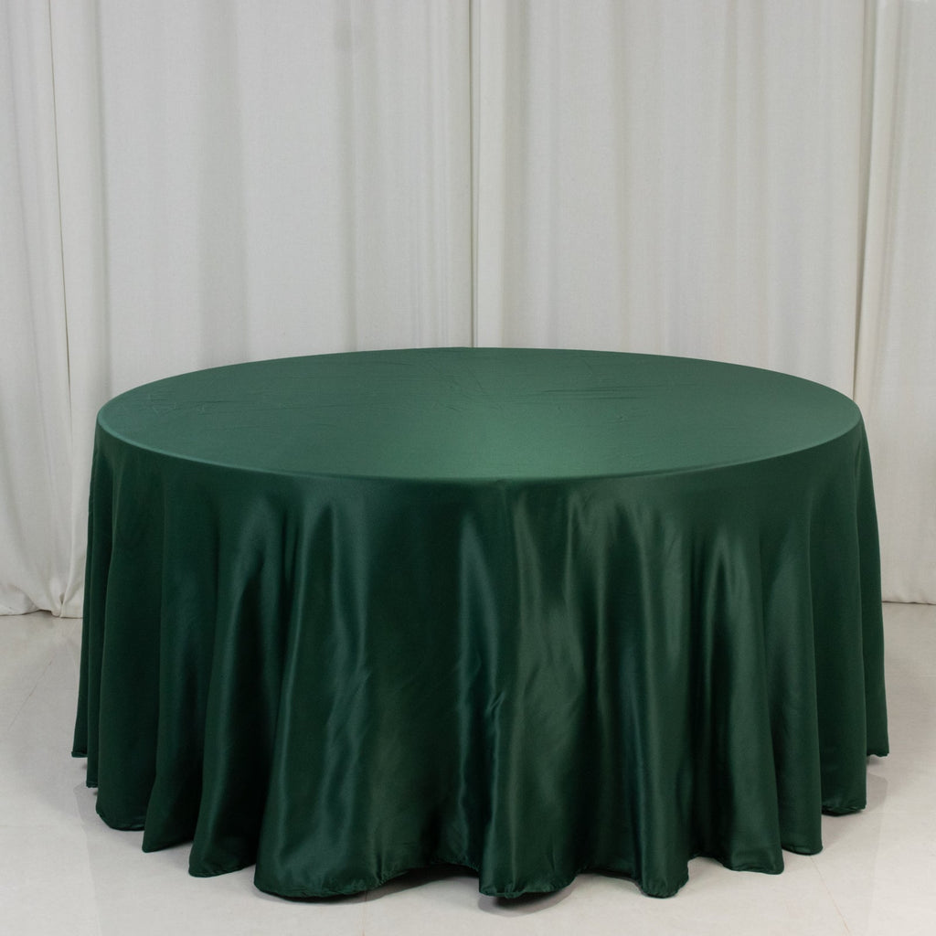 Lamour Satin 120" Round Tablecloth Hunter Emerald Green - Seamless Table Cover with Soft Tempered Sheen - Bell Racket Store