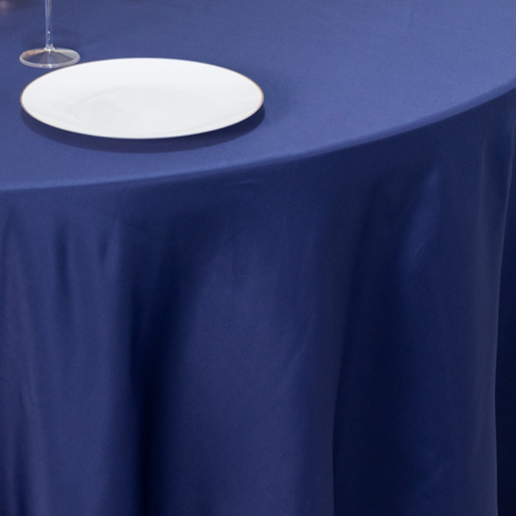 Lamour Satin 120" Round Tablecloth Navy Blue - Seamless Table Cover with Soft Tempered Sheen - Bell Racket Store