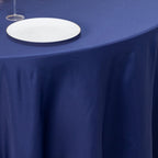 Lamour Satin 120" Round Tablecloth Navy Blue - Seamless Table Cover with Soft Tempered Sheen - Bell Racket Store