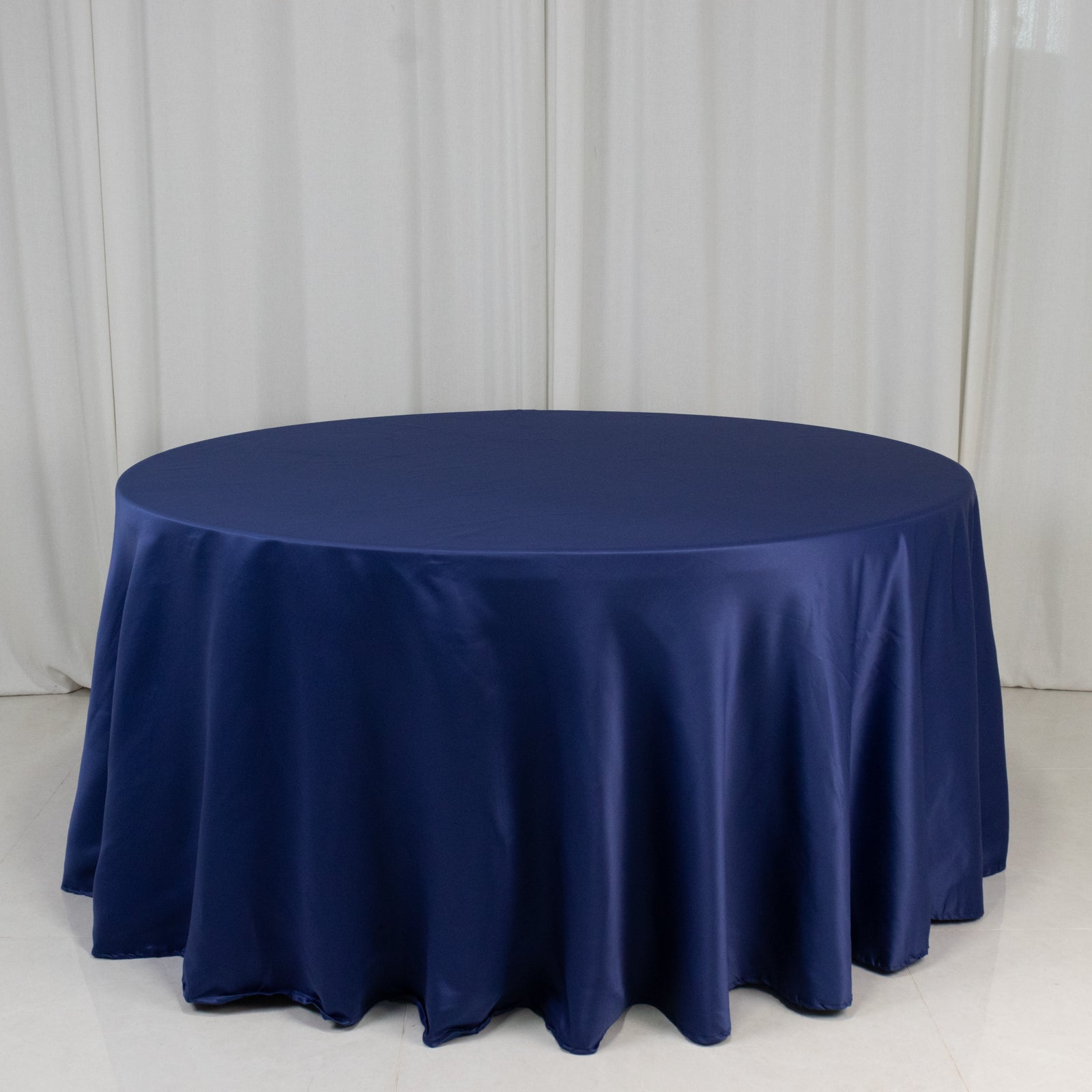 Lamour Satin 120" Round Tablecloth Navy Blue - Seamless Table Cover with Soft Tempered Sheen - Bell Racket Store