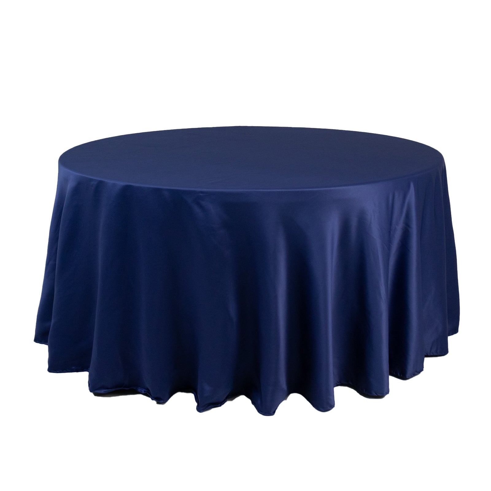 Lamour Satin 120" Round Tablecloth Navy Blue - Seamless Table Cover with Soft Tempered Sheen - Bell Racket Store