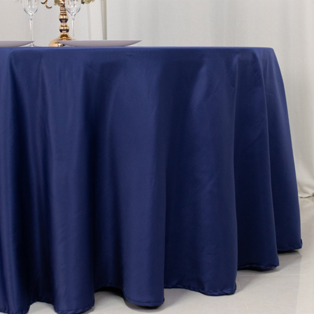 Lamour Satin 120" Round Tablecloth Navy Blue - Seamless Table Cover with Soft Tempered Sheen - Bell Racket Store