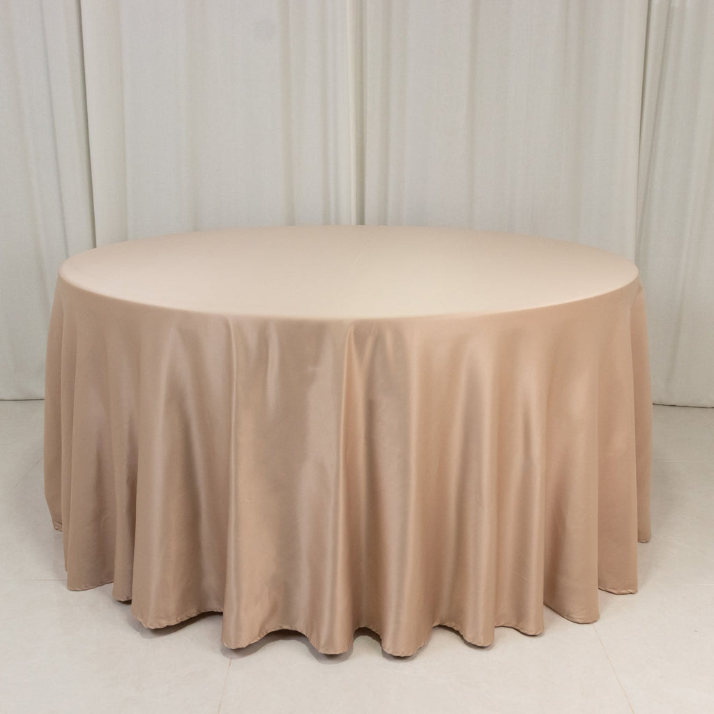 Lamour Satin 120" Round Tablecloth Nude - Seamless Table Cover with Soft Tempered Sheen - Bell Racket Store