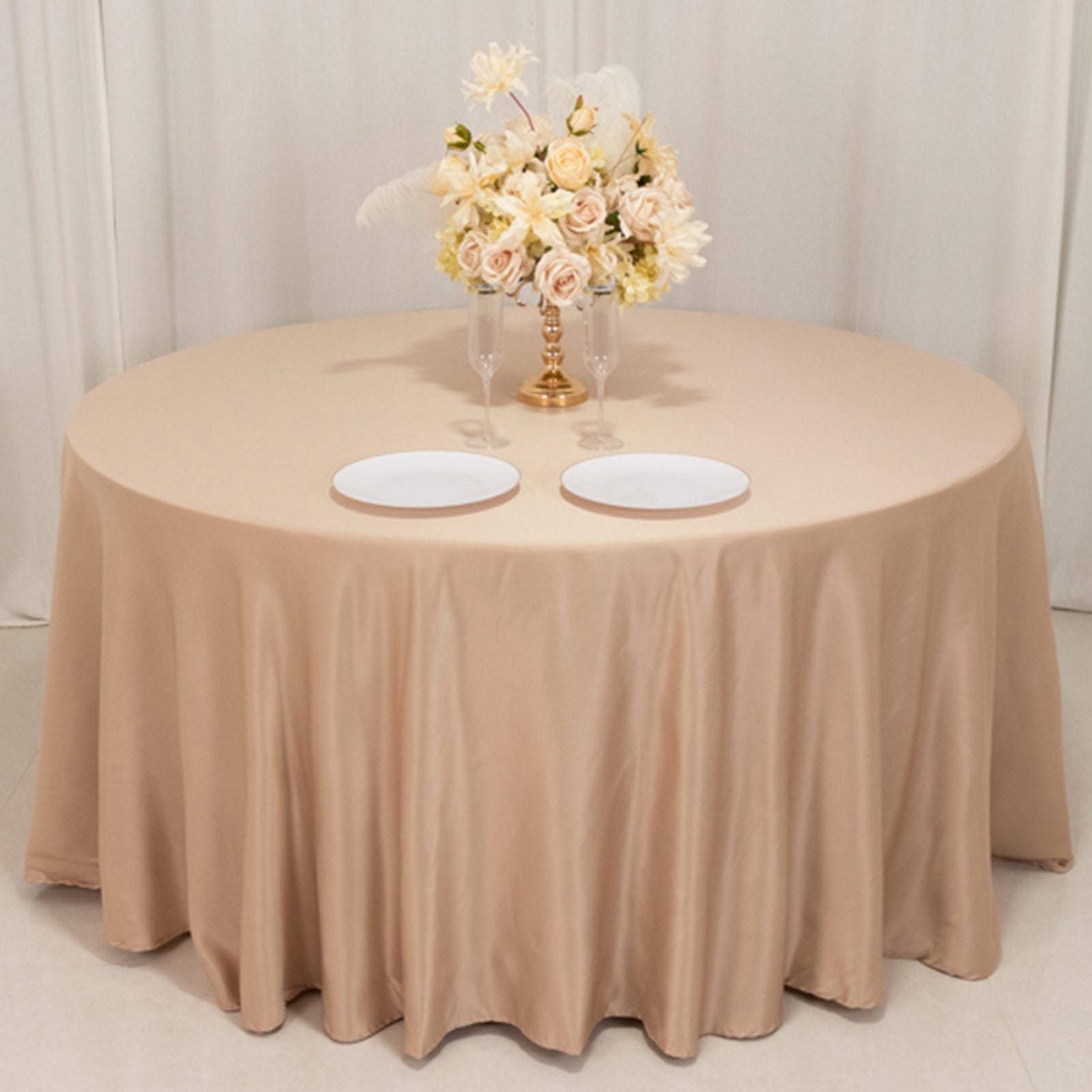 Lamour Satin 120" Round Tablecloth Nude - Seamless Table Cover with Soft Tempered Sheen - Bell Racket Store