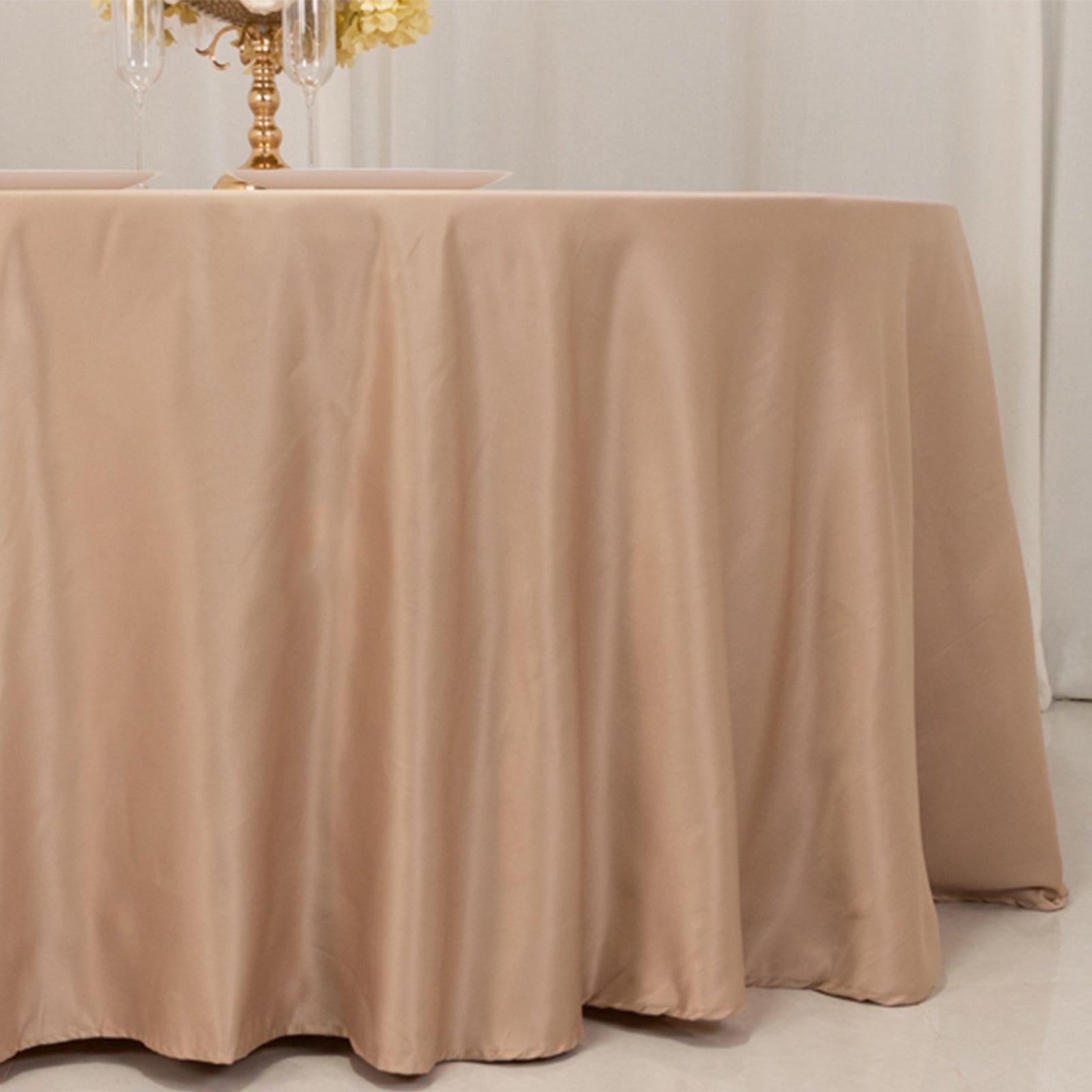 Lamour Satin 120" Round Tablecloth Nude - Seamless Table Cover with Soft Tempered Sheen - Bell Racket Store